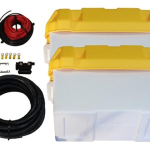 Krovimo atskyrimo relės sistema Euro 5/6 automobiliams, komplekte: du 110 Ah akumuliatoriai, korpusai, relė ir kabeliai.