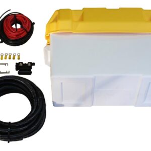 Padalinto įkrovimo relės sistema Euro 5/6 automobiliams, įskaitant 100 Ah akumuliatorių, akumuliatoriaus korpusą, relę ir kabelius.