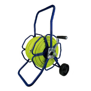 Metalinė žarnos ritė su ratukais, komplekte su 100 m 6 mm Streamline® HIVIZ žarna – surinkta